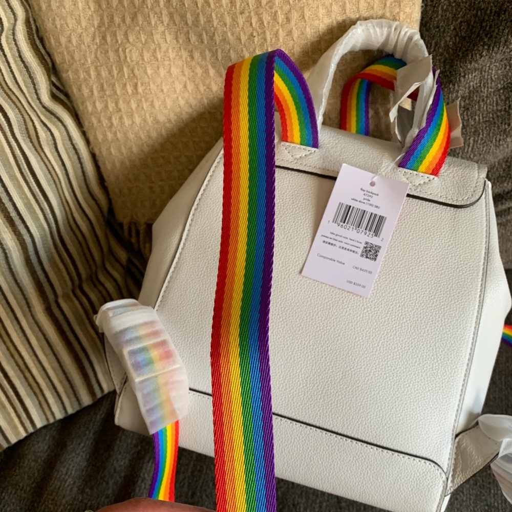 Authentic KATE SPADE Leather Flap drawstring rainbowπmedium backpack - Picture 4 of 15